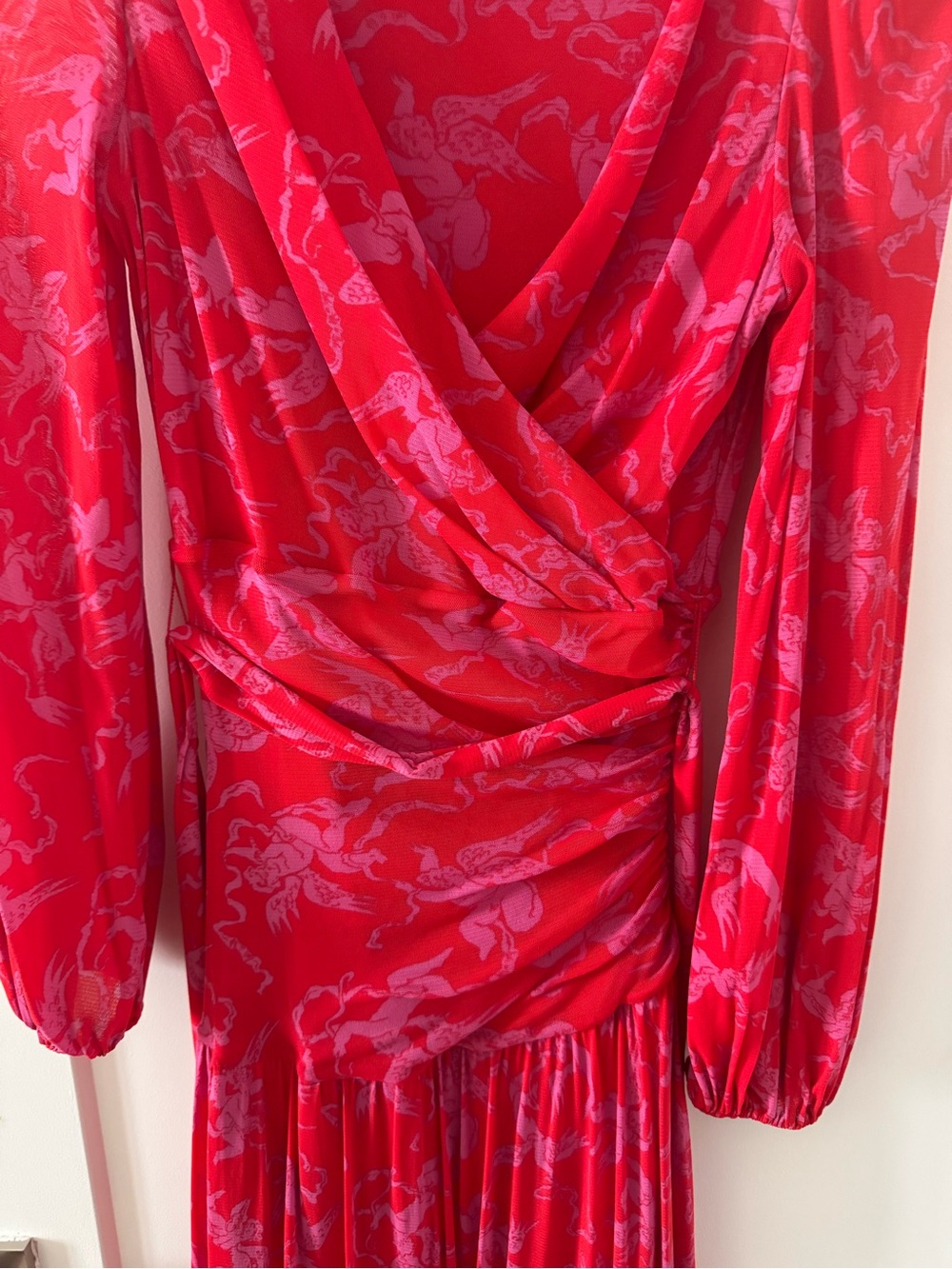 Diane Von Furstenberg Catalina Tiered Red/Lavender Draped Long Sleeve Midi Dress - Picture 3 of 4